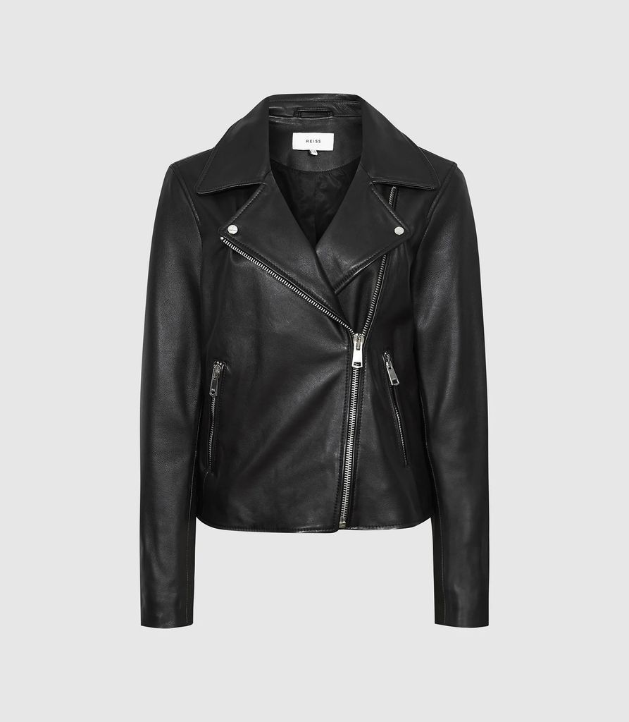 Geo - Leather Biker Jacket in Black, Womens, Size 8