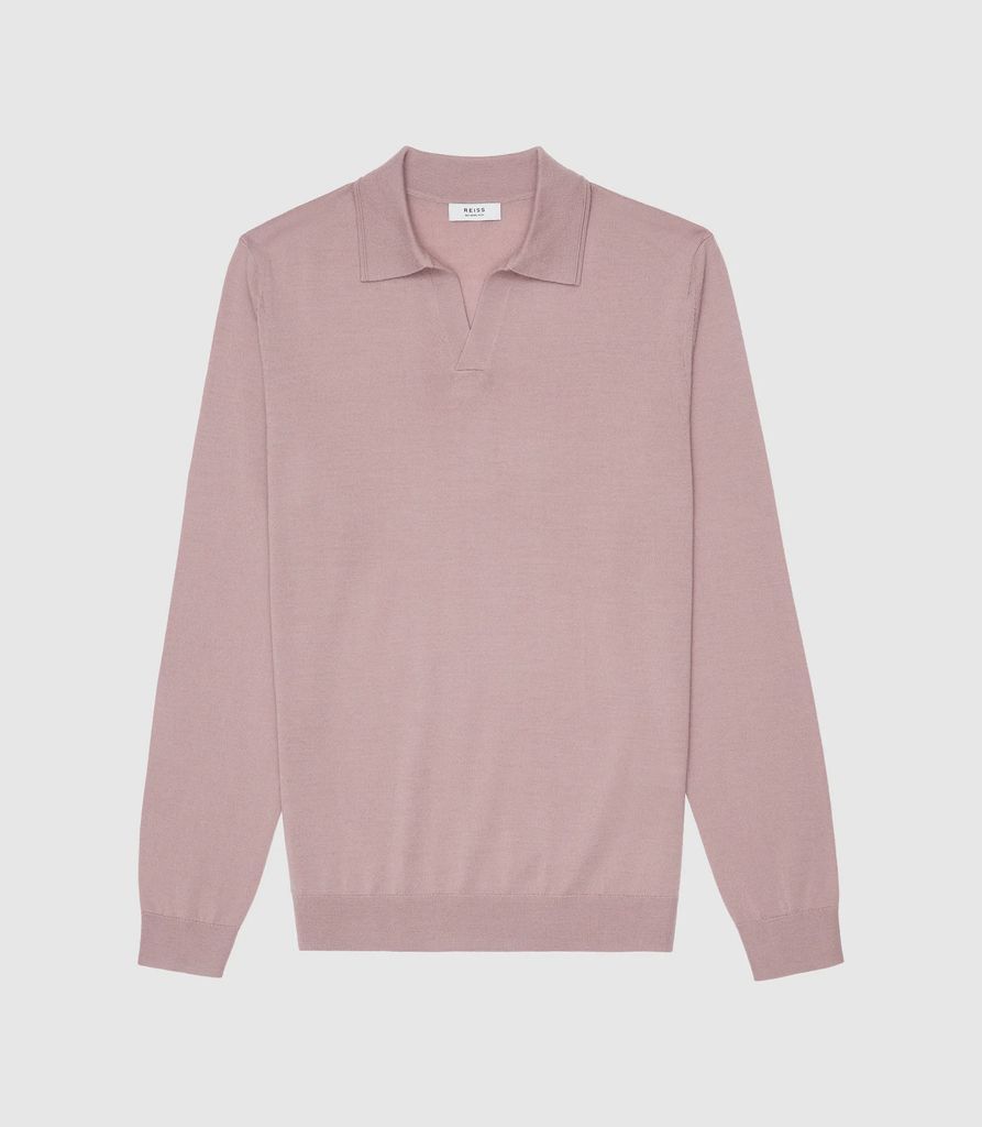 Milburn - Merino Wool Open Collar Polo Shirt in Dusty Rose, Mens, Size XS