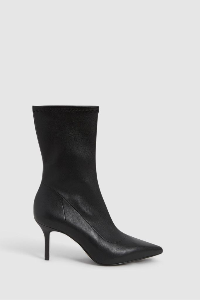 Black Caley Pointed Kitten Heel Leather Boots