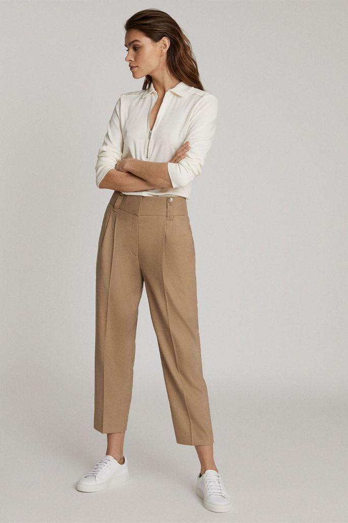 Camel Esther Wool Blend Pleat Front Trousers