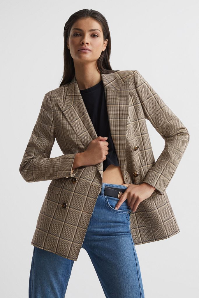 Brown Sandie Double Breasted Check Blazer