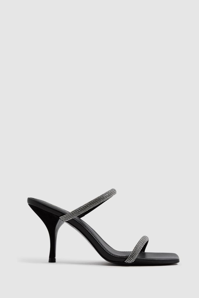 Black Cai Crystal Mid Heel Sandals