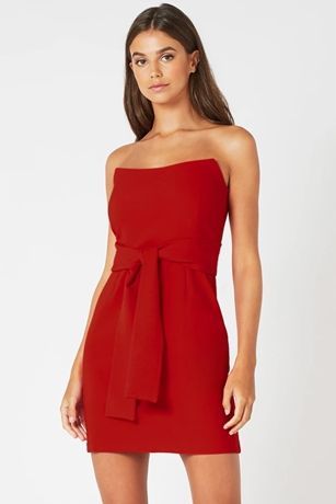 Red Strapless Tie Waist Mini Dress