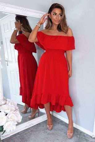Red Bardot Style Midi Dress