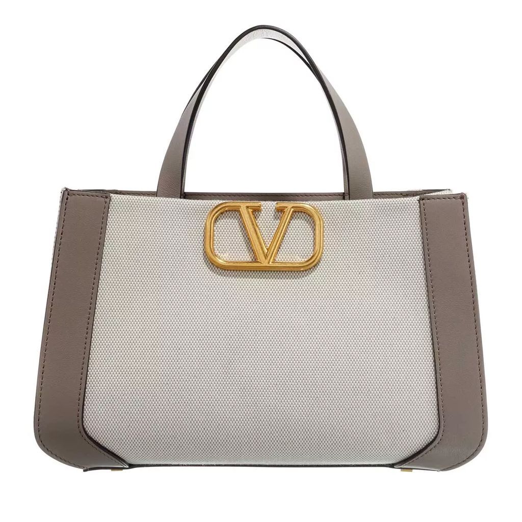 Tote Bags - Two Tone Canvas And Leather V Logo Handbag - grey - Tote Bags for ladies