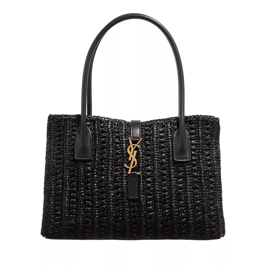 Tote Bags - Panier Rectangular In Raffia And Aged Leather - black - Tote Bags for ladies