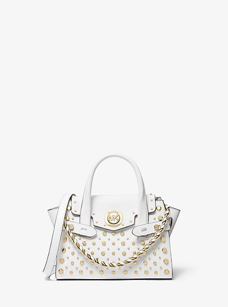 MK Carmen Extra-Small Studded Saffiano Leather Belted Satchel - Optic White - Michael Kors