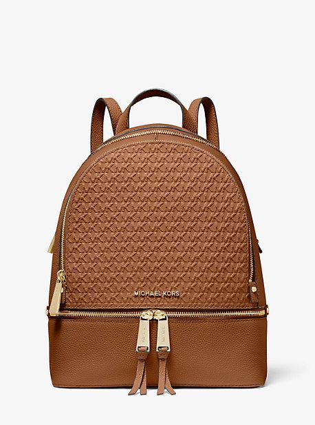 MK Rhea Medium Debossed Logo Leather Backpack - Luggage Brown - Michael Kors