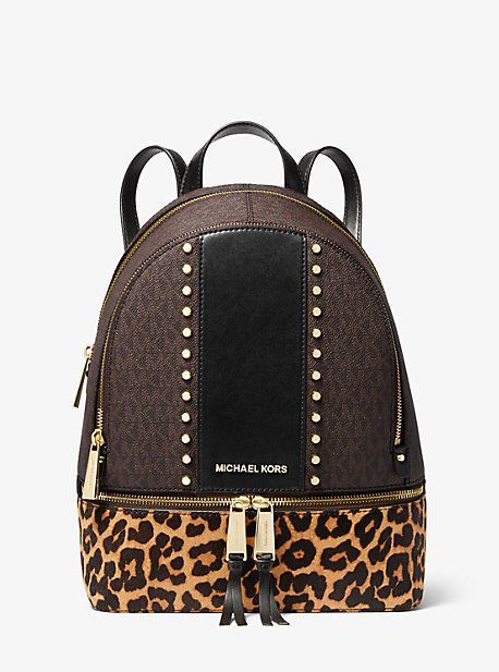 MK Rhea Medium Studded Logo and Leopard Calf Hair Backpack - Brown Multi - Michael Kors