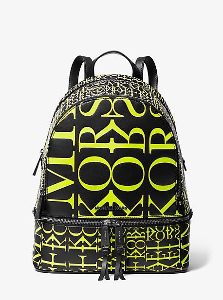 MK Rhea Medium Newsprint Logo Leather Backpack - Black/neon Yellow - Michael Kors