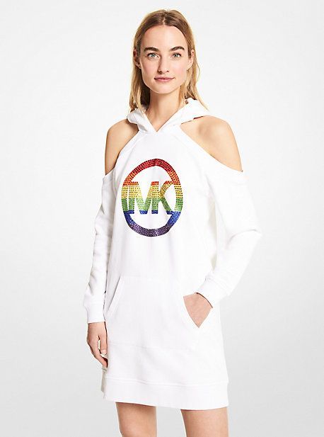 MK PRIDE Embellished Logo Organic Cotton Terry Hoodie Cutout Dress - White - Michael Kors