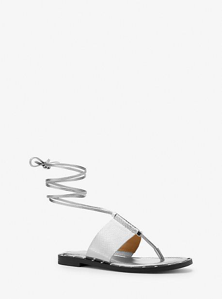 MK Jagger Metallic Snake Embossed Leather Lace-Up Sandal - Silver - Michael Kors