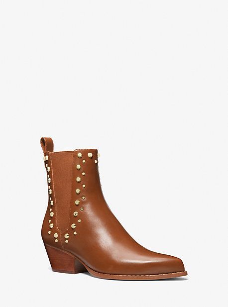 MK Kinlee Astor Studded Leather Ankle Boot - Luggage Brown - Michael Kors
