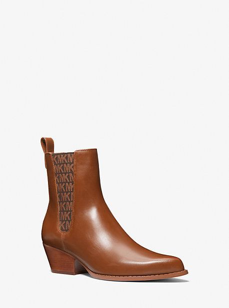 MK Kinlee Leather and Stretch Knit Ankle Boot - Luggage Brown - Michael Kors