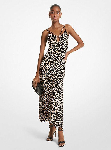 MK Leopard Print Matte Jersey Cutout Slip Dress - Khaki/black - Michael Kors
