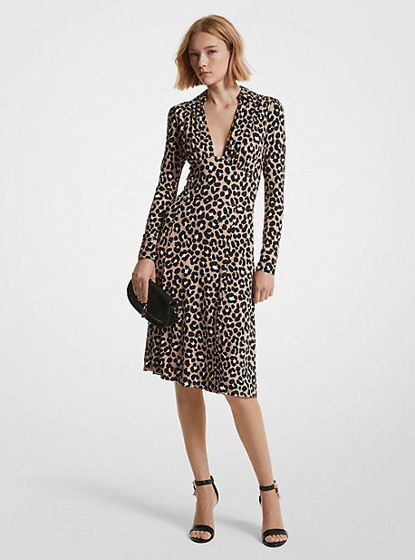 MK Leopard Print Stretch Matte Jersey Dress - Khaki/black - Michael Kors