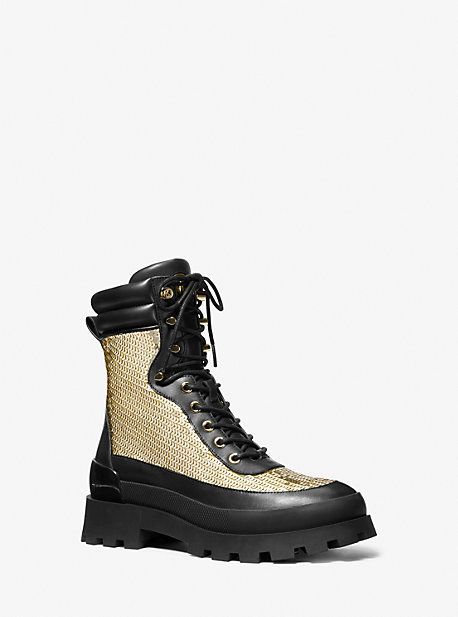 MK Rowan Embellished Leather Lace-Up Boot - Gold - Michael Kors