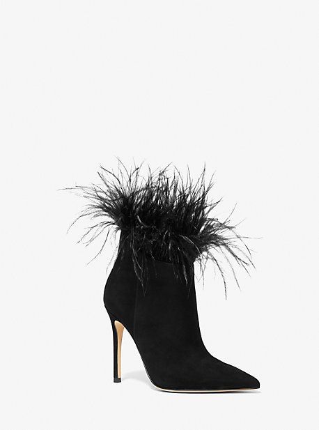 MK Whitby Feather Trim Suede Ankle Boot - Black - Michael Kors