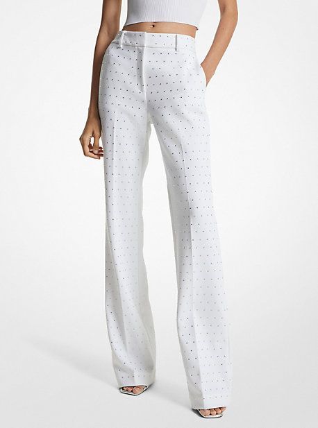 MK Crystal Embellished Stretch Crepe Bootcut Trousers - White - Michael Kors