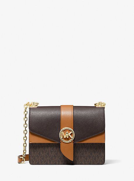 MK Greenwich Small Color-Block Logo and Saffiano Leather Crossbody Bag - Brown - Michael Kors