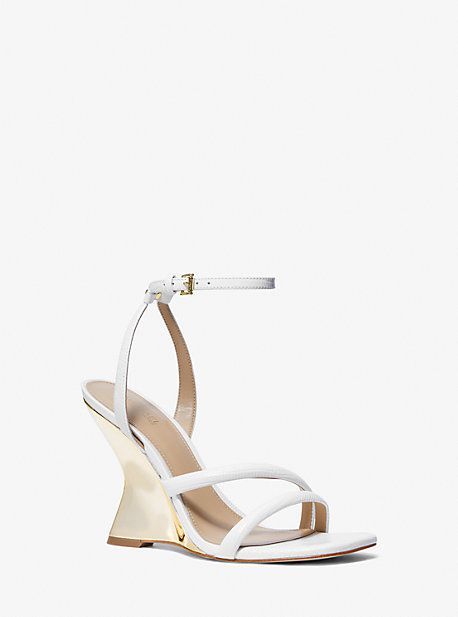 MK Nadina Lizard Embossed Leather Wedge Sandal - White - Michael Kors