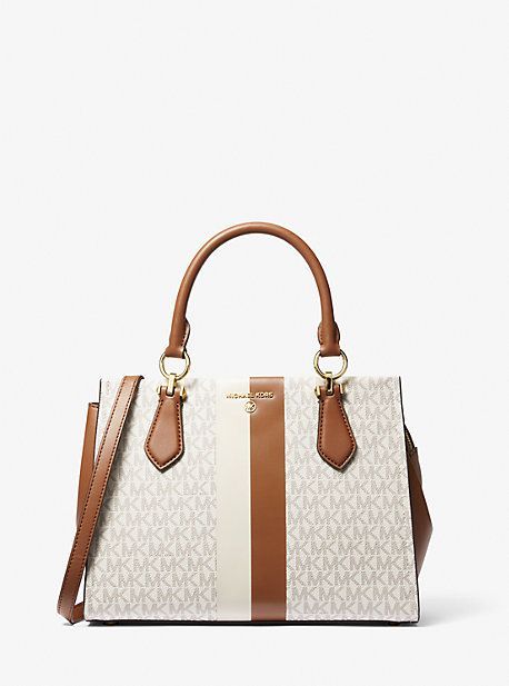 MK Marilyn Medium Logo Stripe Satchel - Natural - Michael Kors