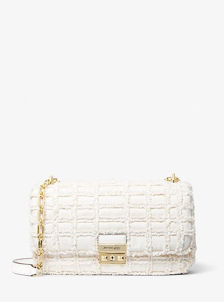 MK Tribeca Large Frayed Denim Shoulder Bag - White - Michael Kors