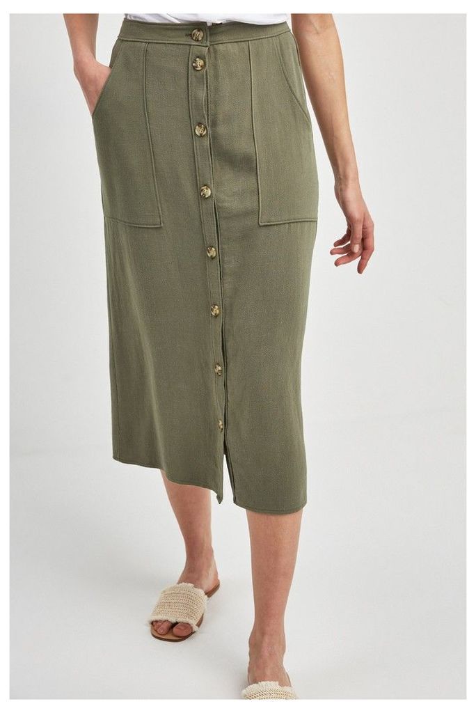 Womens Next Khaki Utility Pocket Button Midi Skirt -  Green