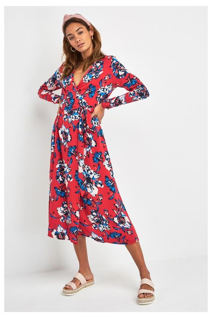 Womens Next Red Floral Print Wrap Midi Dress -  Red