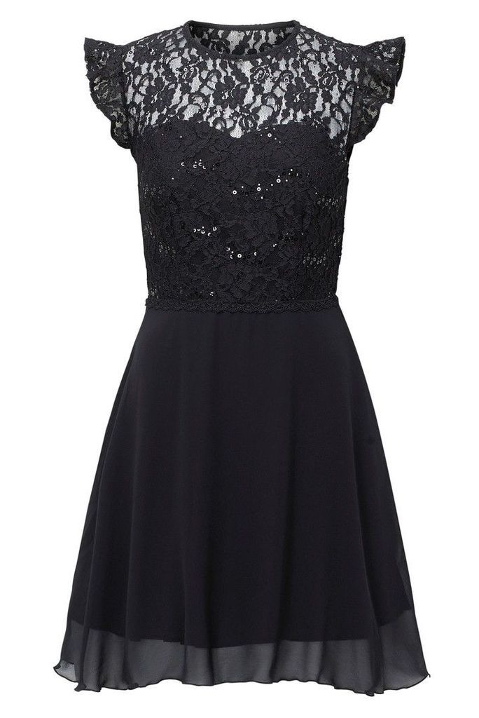 Womens Sistaglam Lace Short Sleeve Boucle Skirt Dress -  Black