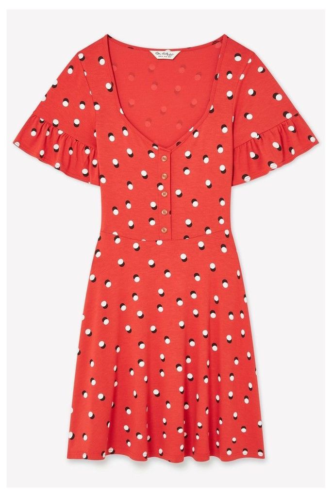 Womens Miss Selfridge Polka Dot Frill Sleeve Tea Dress -  Red