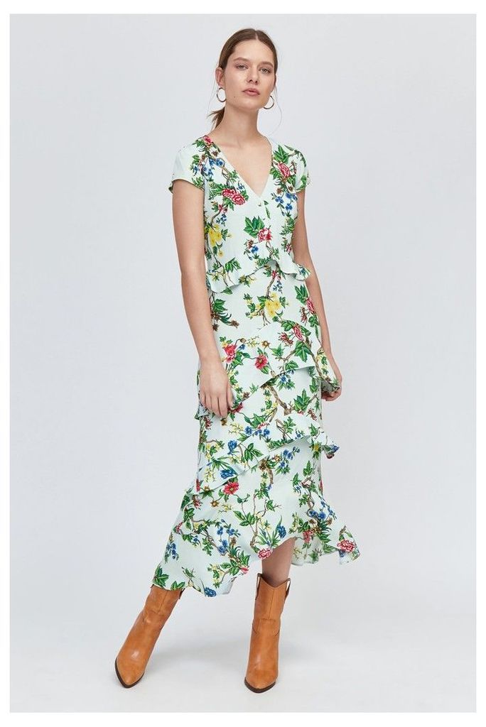 Womens Warehouse Green Ruffle Floral Midi Dress -  Green