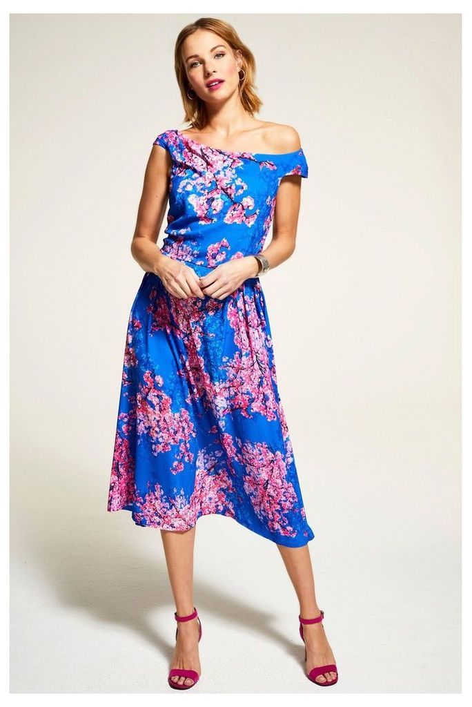 Womens HotSquash Blue Floral Midi Length Tea Dress -  Blue
