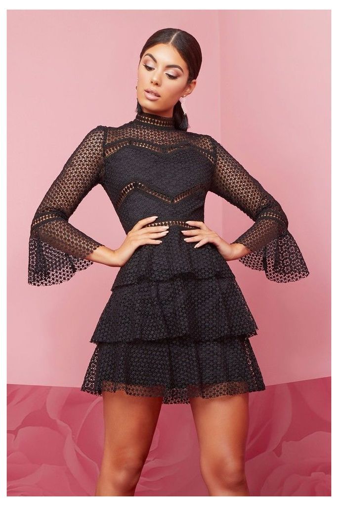 Womens PrettyLittleThing Lace Flare Mini Dress -  Black