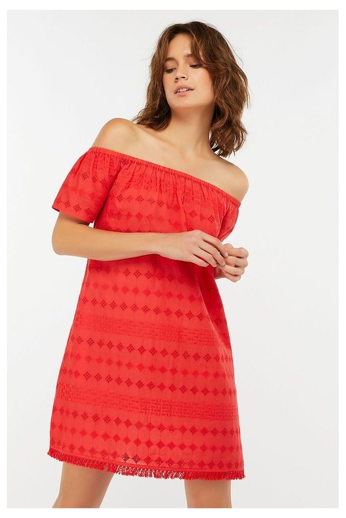 Womens Accessorize Red Off Shoulder Schiffli Dress -  Red