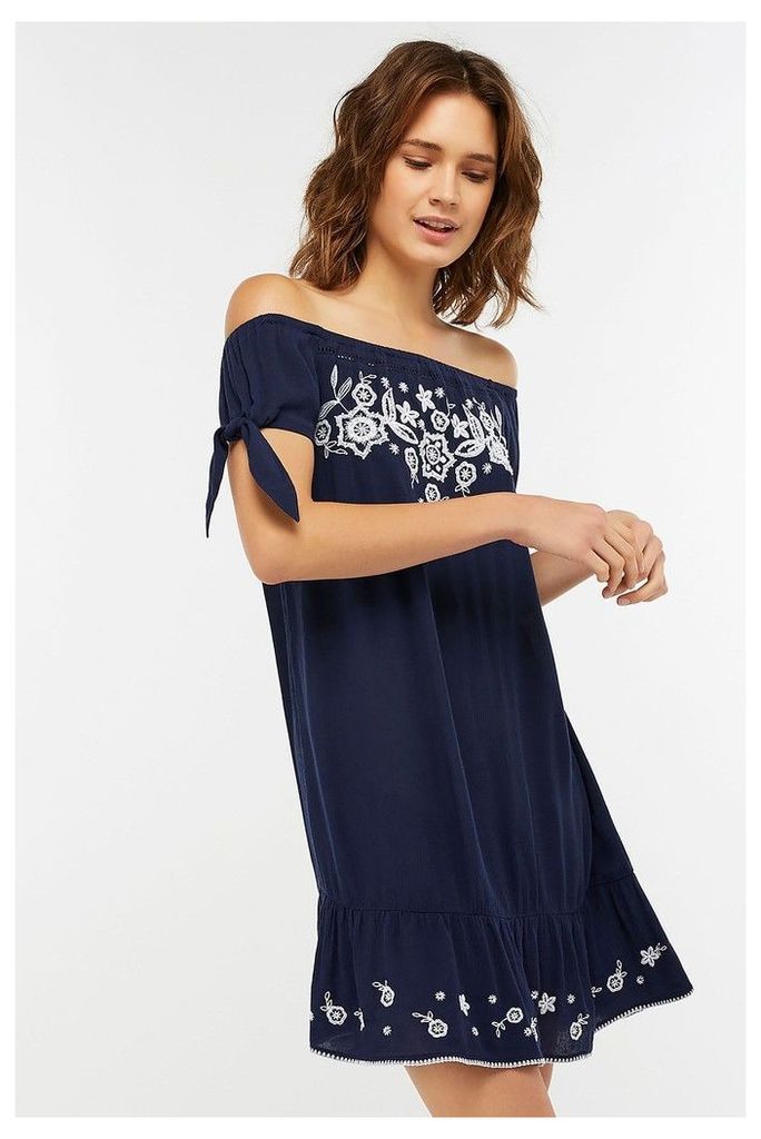 Womens Accessorize Blue Indi Embroidered Off Shoulder Dress -  Blue