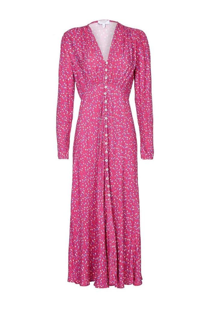 Womens Ghost London Pink Birdie Printed Floral Button Through Dress -  Pink