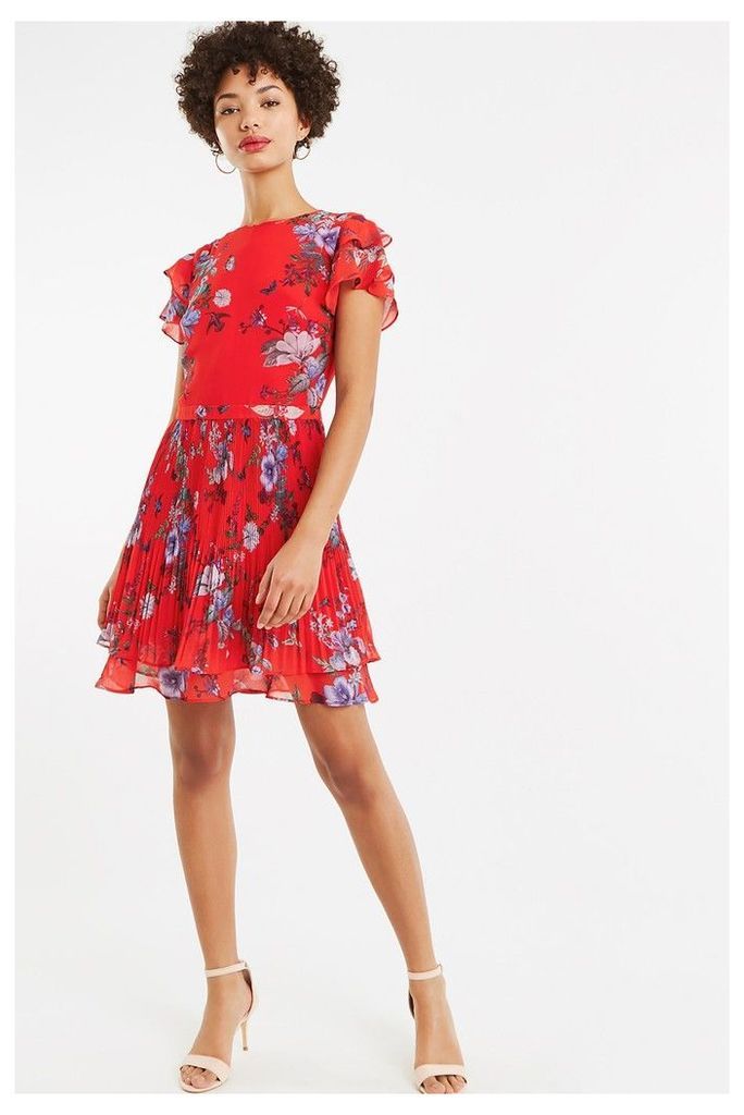 Womens Oasis Red Bloom Chiffon Pleat Skater Dress -  Red