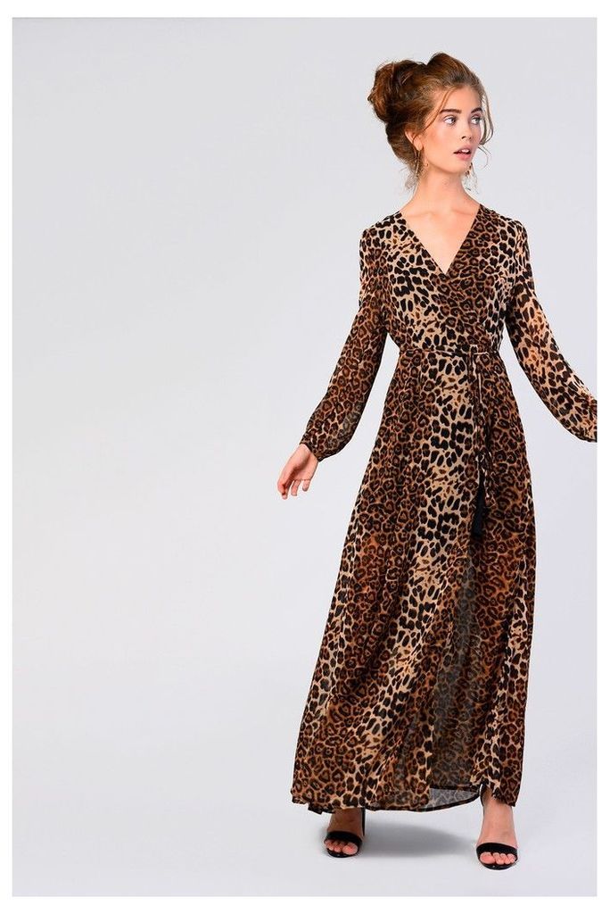 Womens Glamorous Animal Print Wrap Around Maxi Dress -  Brown