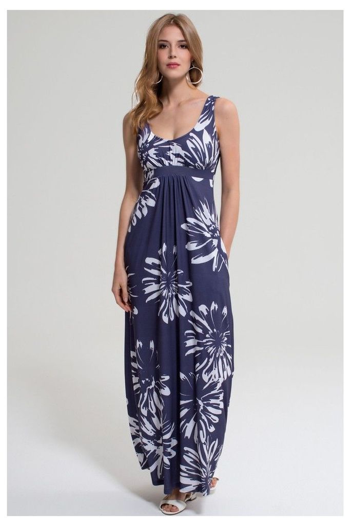 Womens HotSquash Blue With White Flower Empire Line Maxi Dress -  Blue