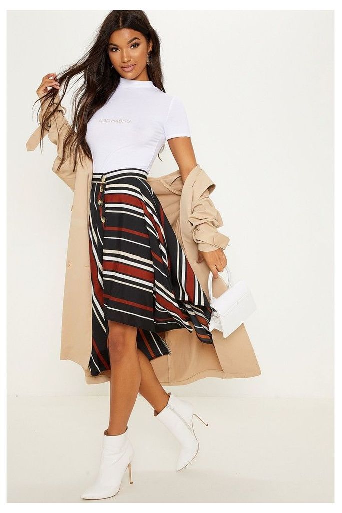 Womens PrettyLittleThing Asymmetric Mix Stripe Midi Skirt -  Black