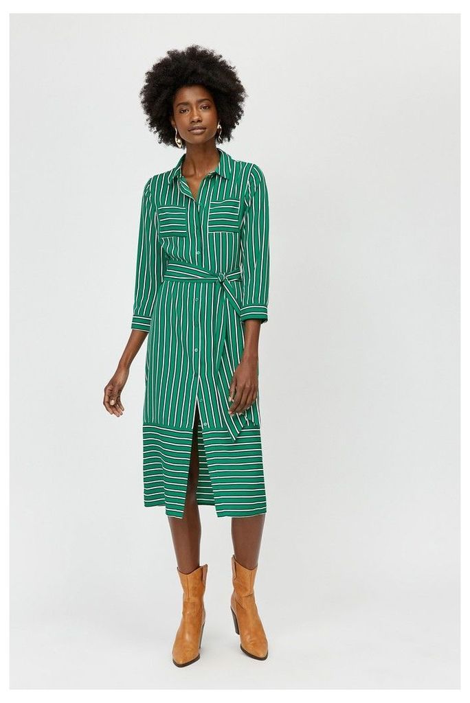 Womens Warehouse Green Stripe Utility Shirt Dress -  Green