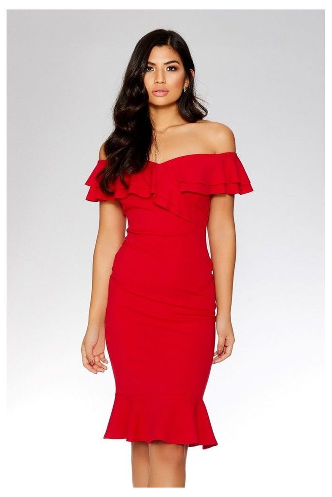 Womens Quiz Bardot Double Frill Midi Dress -  Red