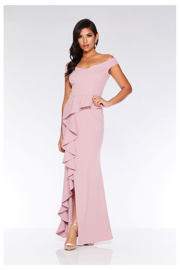 Womens Quiz Bardot Peplum Frill Split Maxi Dress -  Pink