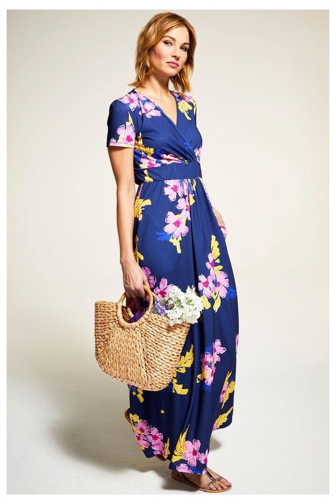 Womens HotSquash Blue Floral Short Sleeved Empire Line Maxi Dress -  Blue