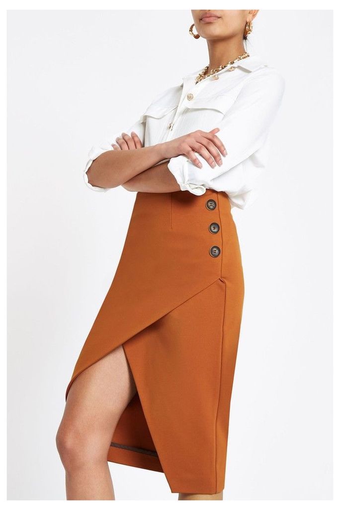 Womens River Island Copper Wrap Button Detail Pencil Skirt -  Brown