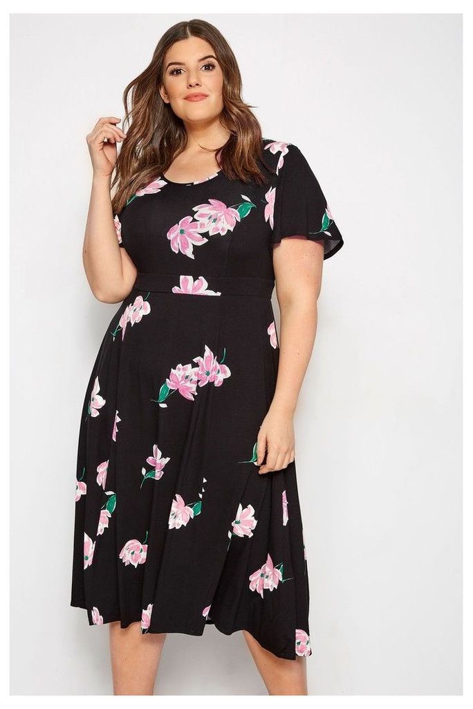 Womens Yours Fit and Flare Scoop Dress Floral -  Black