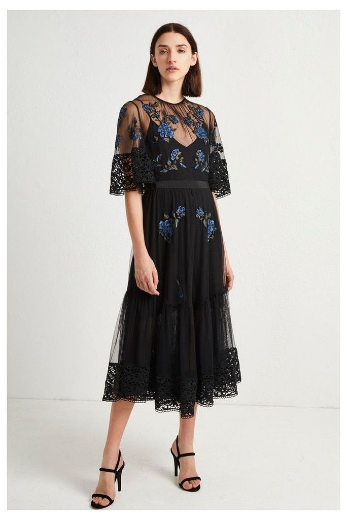 Womens French Connection Black Embroidered Floral Dress -  Black