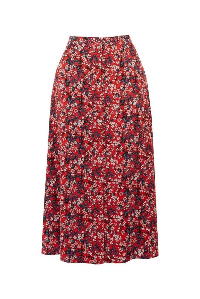 Womens Oasis Red Ditsy Button Midi Skirt -  Red