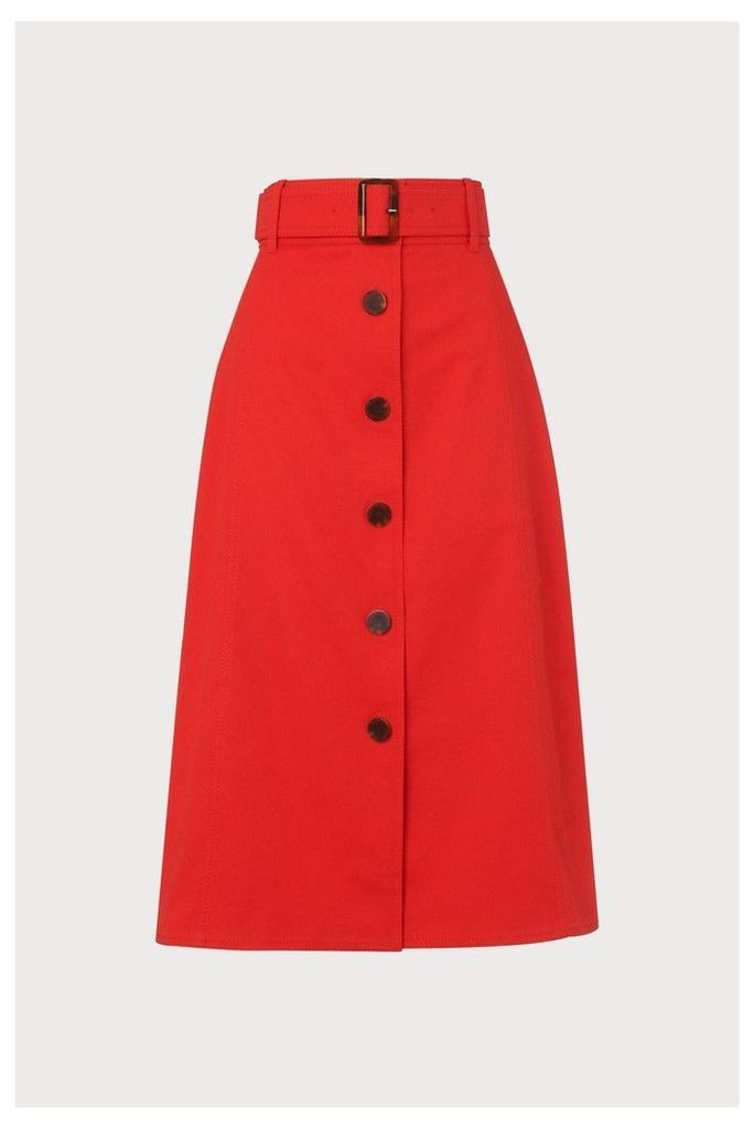 Womens L.K.Bennett Red Oda Cotton Denim Skirt With Button Front -  Red